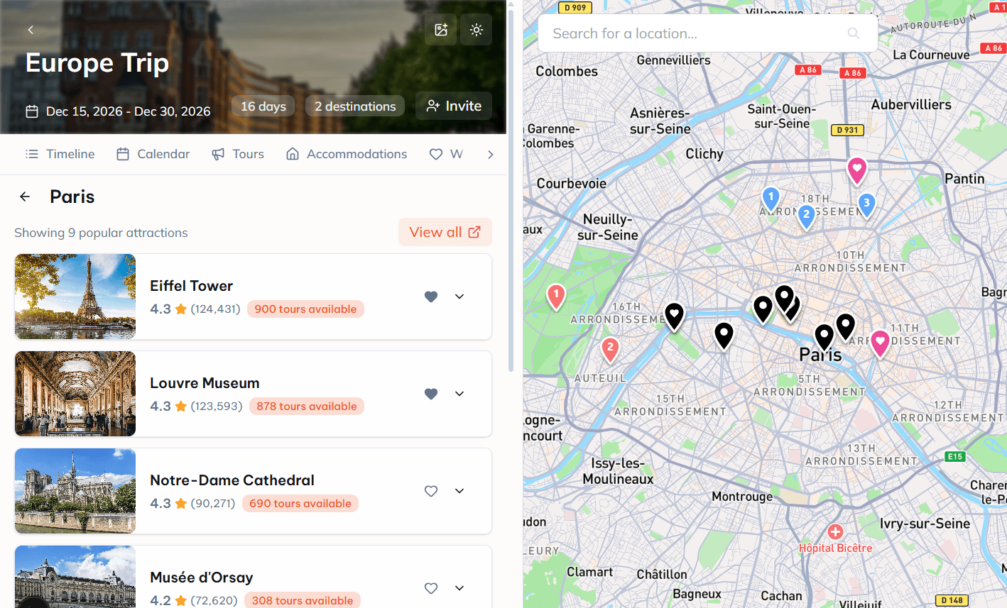 Trivel travel planning app interface