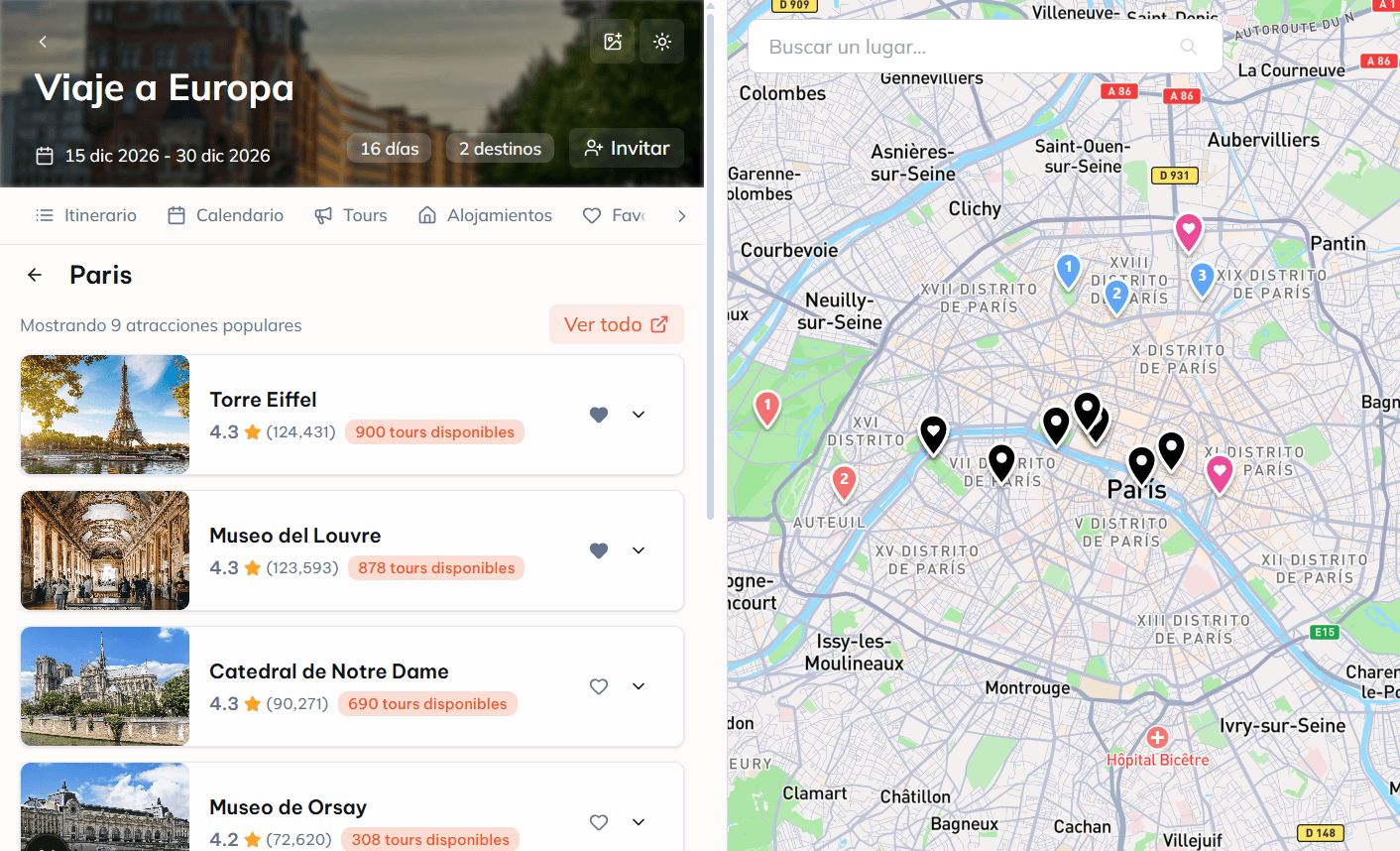 Interfaz de la app Trivel para planificar viajes